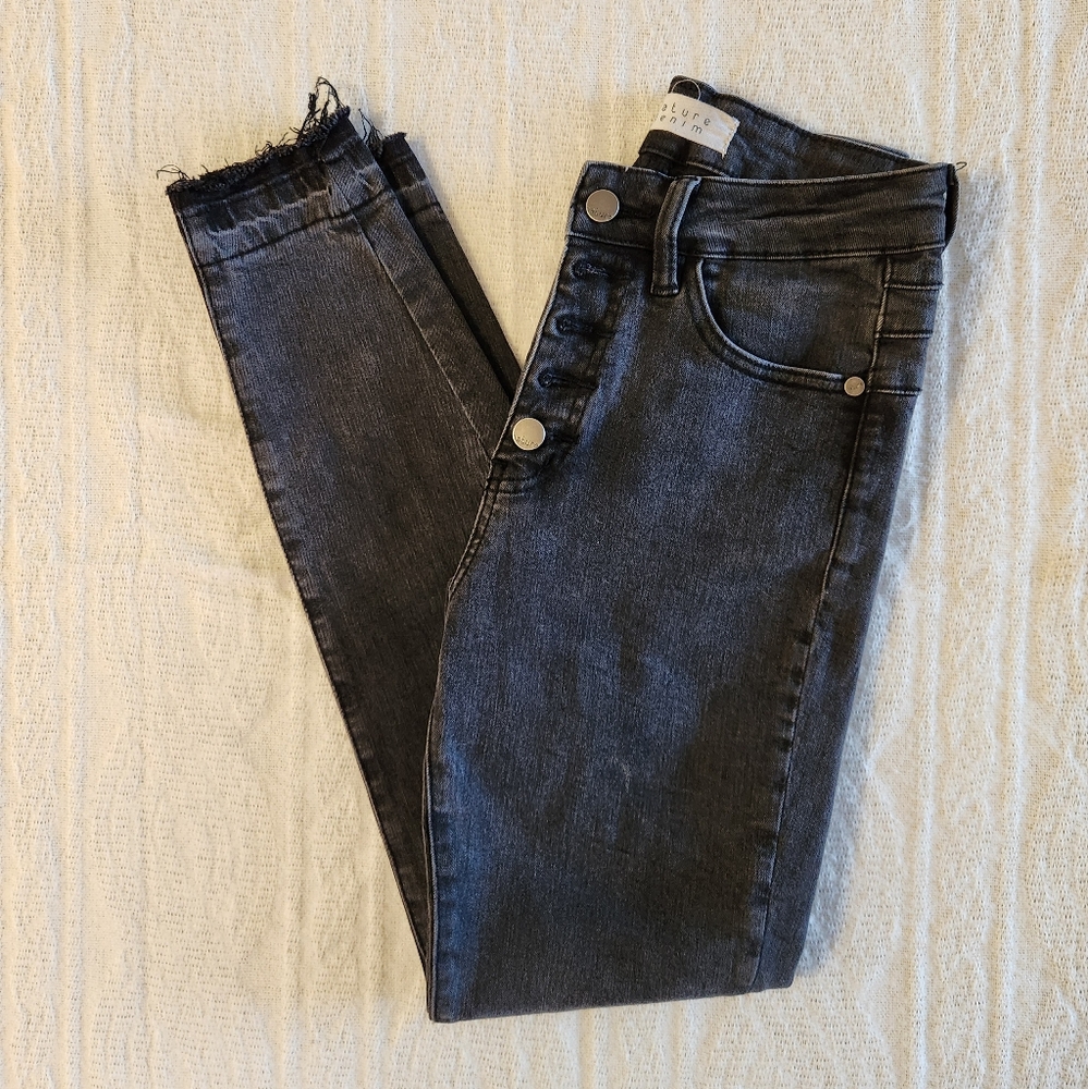Size 25 Nature Denim, Black Skinny High Rise Jeans with Destressed Hem